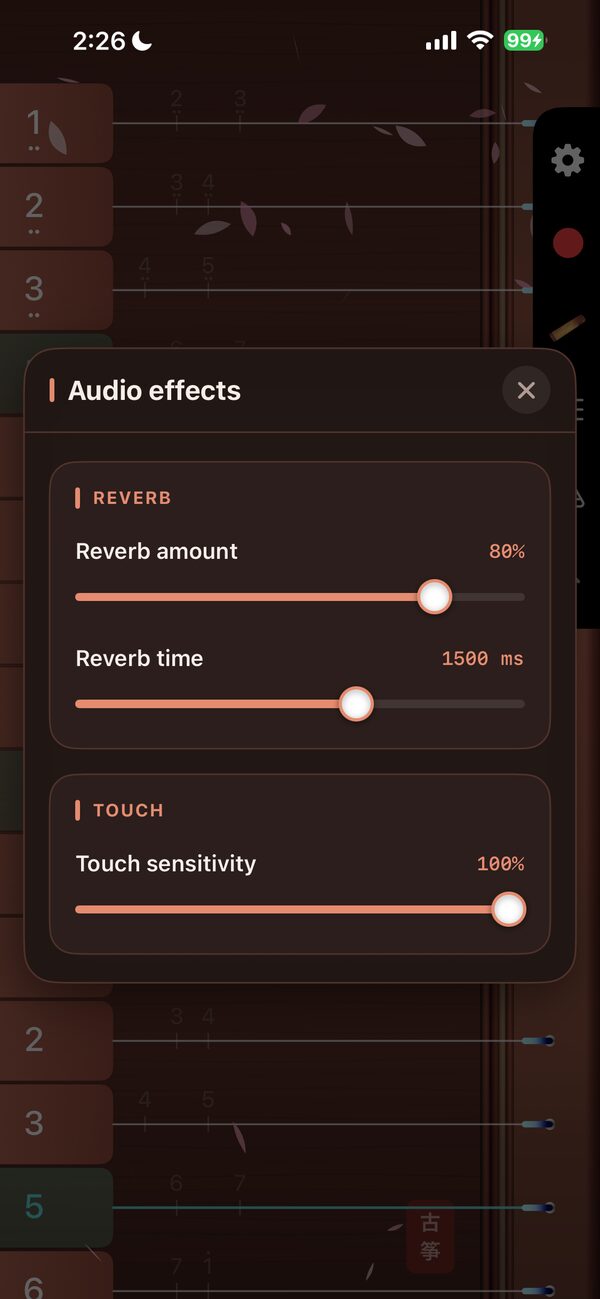 Audio effects panel with reverb amount, reverb time and touch sensitivity