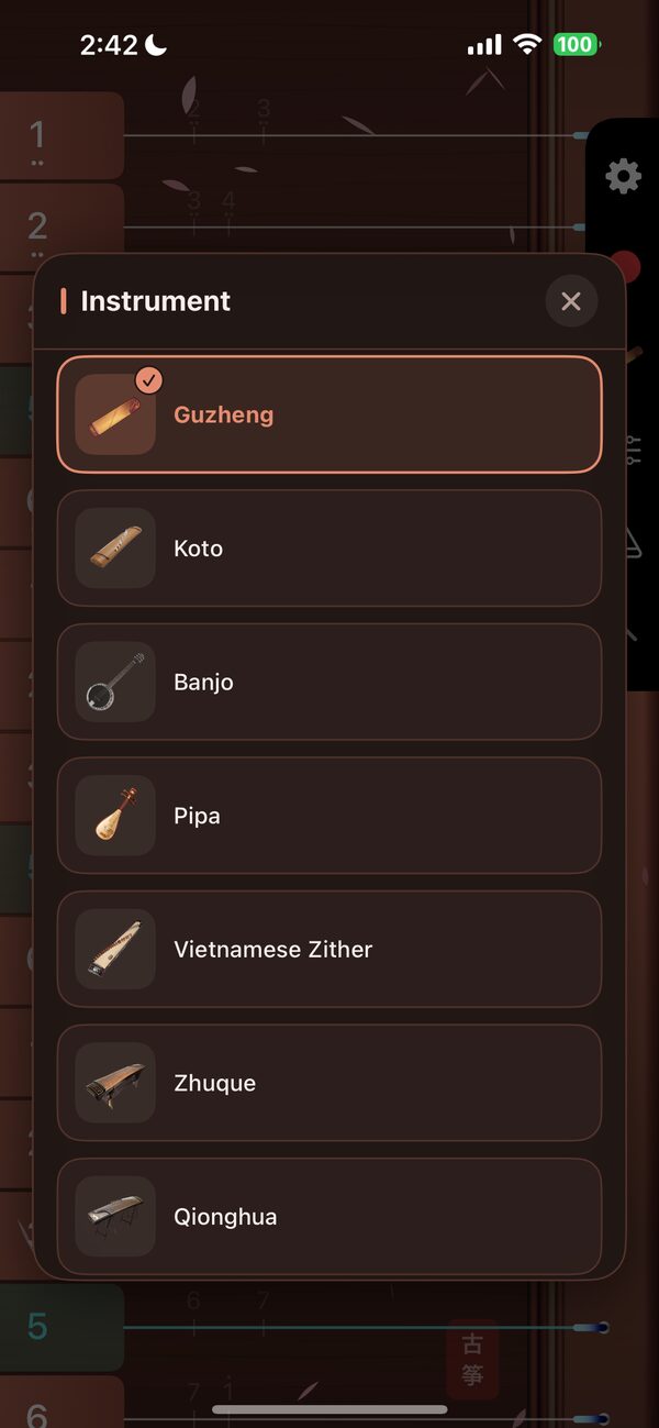 Instrument picker listing Guzheng, Koto, Banjo, Pipa, Vietnamese Zither, Zhuque and Qionghua